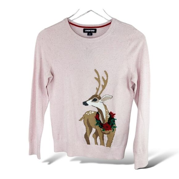 Lands' End Pink Crewneck Reindeer Holiday Cotton Sweater Women’s x-small - Picture 1 of 12